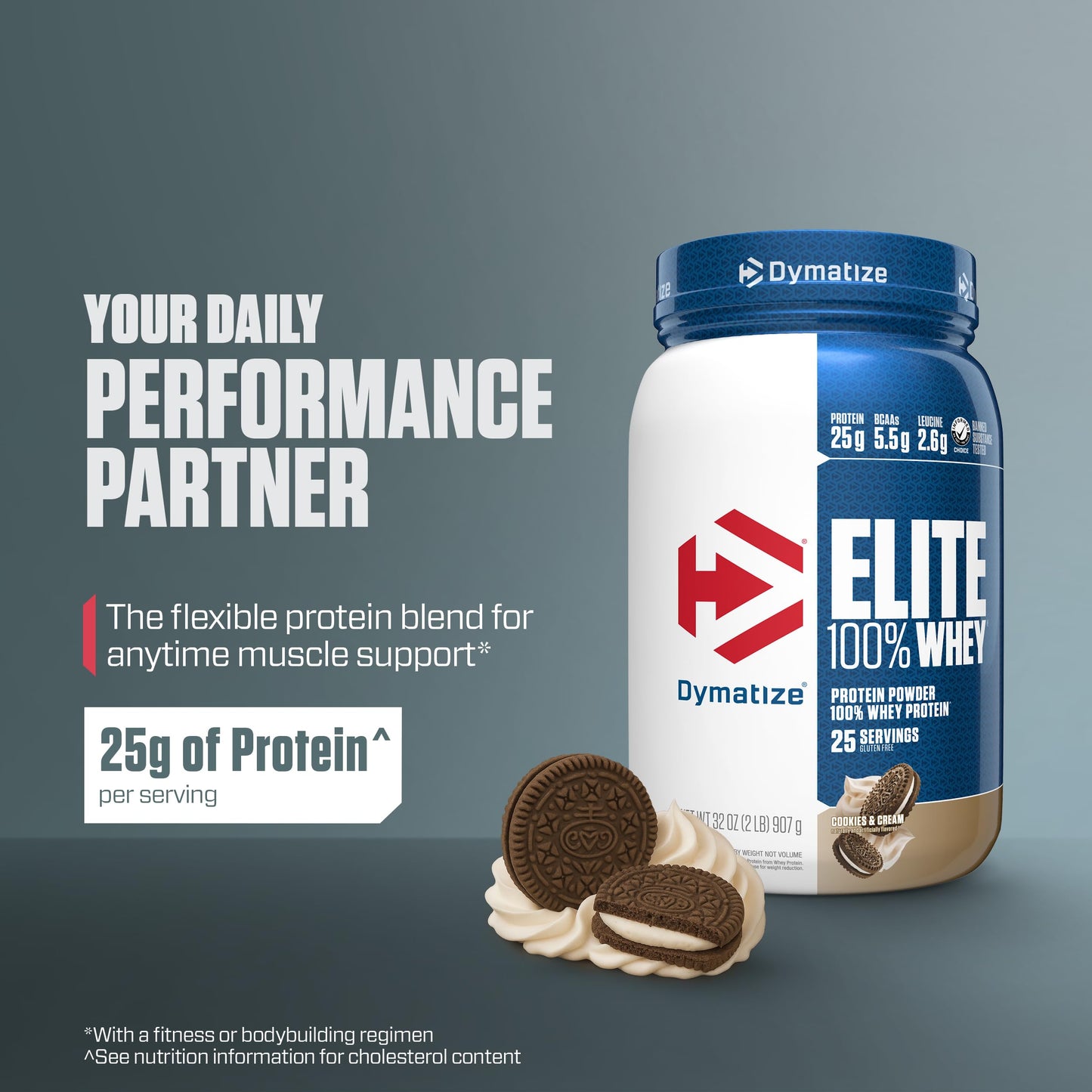 Dymatize Elite 100% Whey Protein Powder, Cookies & Cream, 25g of Protein, 5.5g BCAAs, Less Than 140 Cal., Gluten Free, 3g Carb, 2g Sugar, 3g Fat (25 Servings)