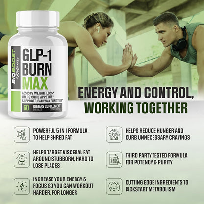 GLP-1 Burn MAX | Weight Loss Pills for Women & Fat Burner for Men + Appetite Suppressant & Energy Supplement | 3rd Party Tested Formula | 5 Powerful Ingredients - 60 Capsules to Lose Weight