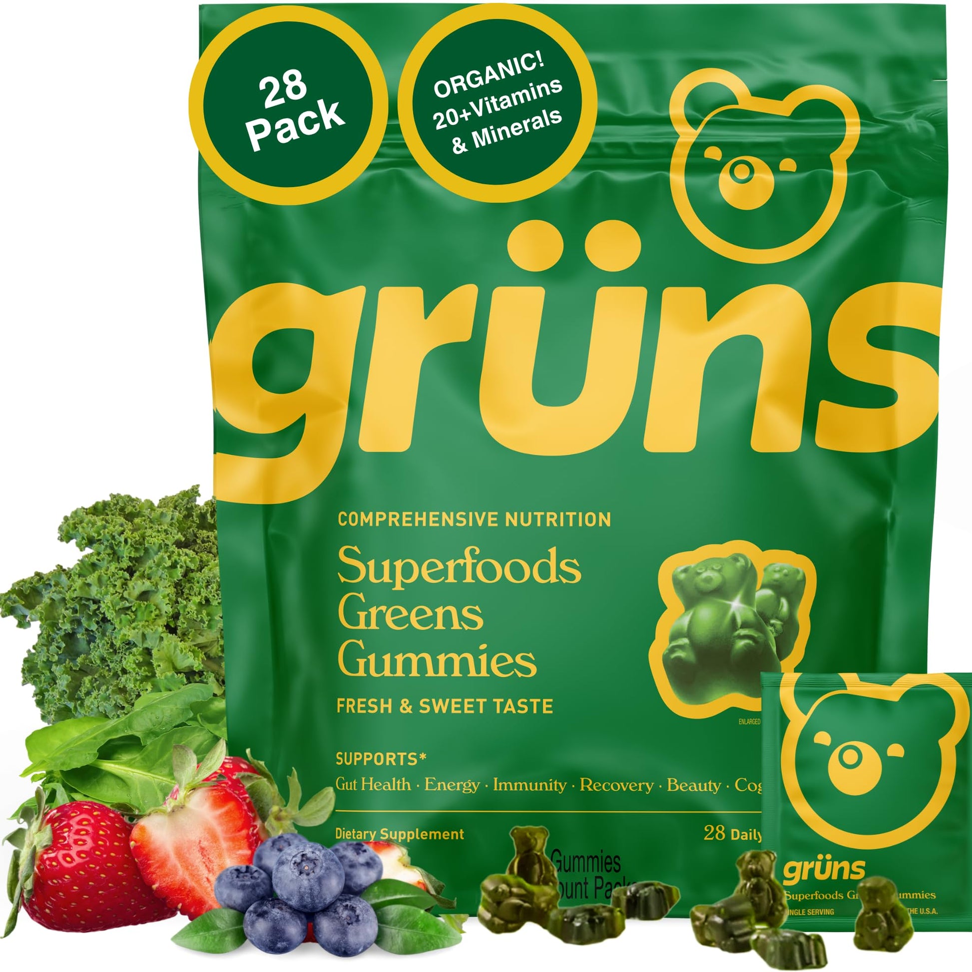 Gruns Adults Super Greens Gummies, Multivitamin Superfood Gummy Bears with Spirulina, Chlorella, Prebiotics & Fiber for Digestive Health, Adaptogens Supplement with 20 Vitamins & Minerals, 28 Count - My Store
