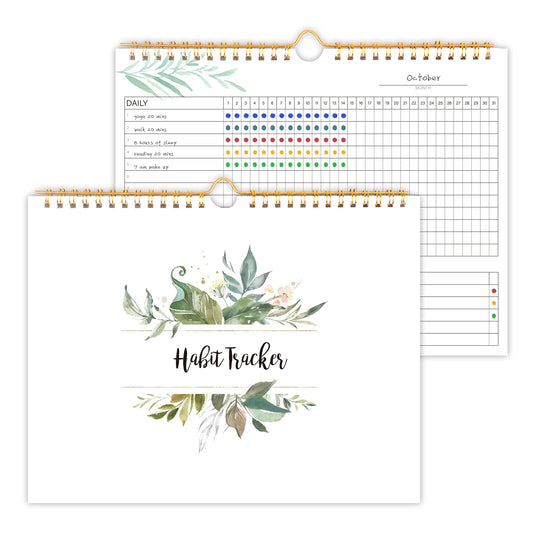 Habit Tracker Calendar- 12 Months Undated Daily Weekly & Monthly Period Habit Tracker Journal, Greenery Floral, Spiral Binding with Writable Goals Habits Track and Self Care Office Supplies. 8"x10" - My Store