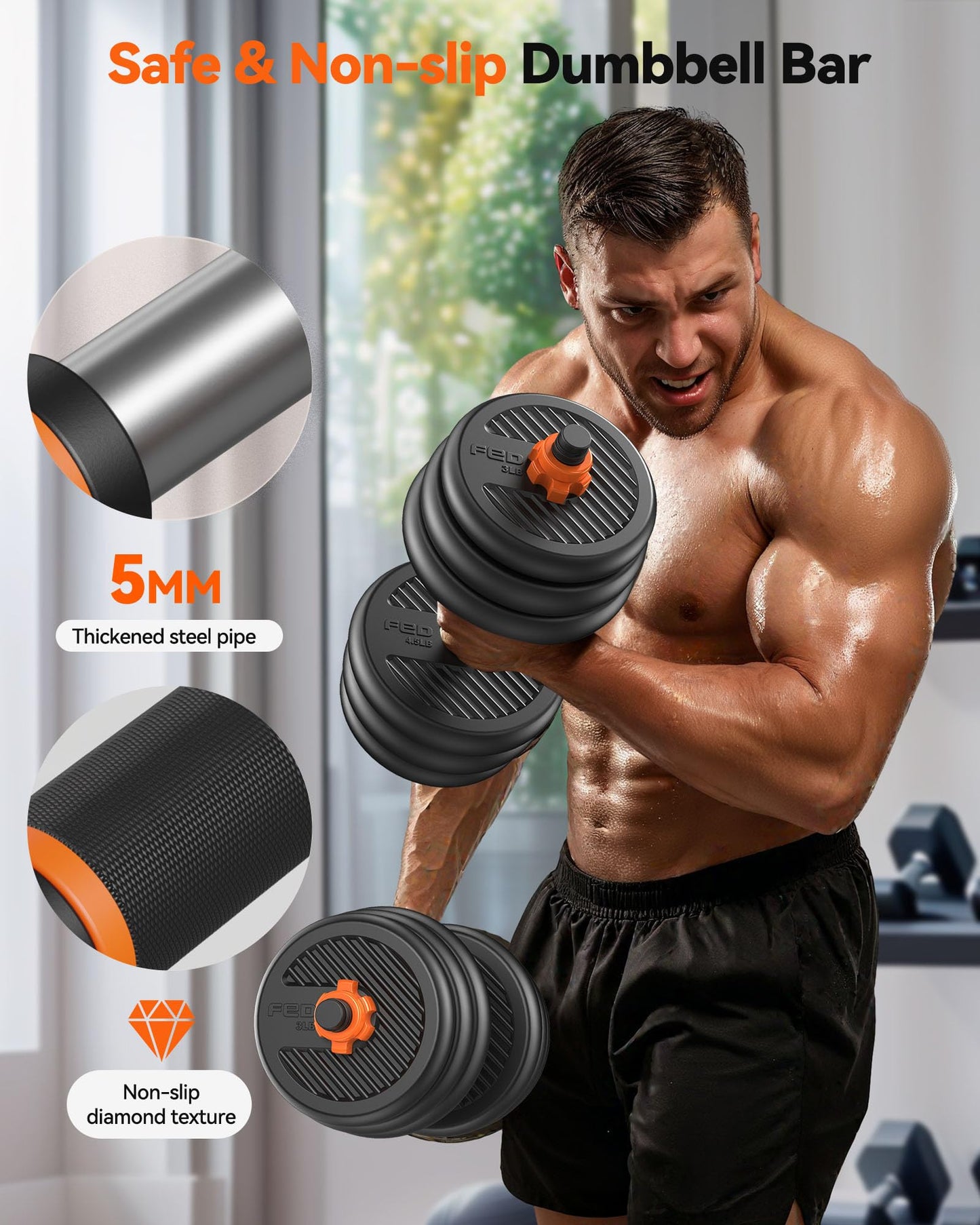 FEIERDUN Adjustable Dumbbells, 20/30/40/45/70/90lbs Free Weight Set with Connector, 5 in1 Dumbbells Set Used as Barbell, Kettlebells, Push up Stand, Weight Plate, Fitness Exercises for Home Gym Suitable Men/Women - My Store