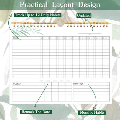 Habit Tracker Calendar- 12 Months Undated Daily Weekly & Monthly Period Habit Tracker Journal, Greenery Floral, Spiral Binding with Writable Goals Habits Track and Self Care Office Supplies. 8"x10" - My Store