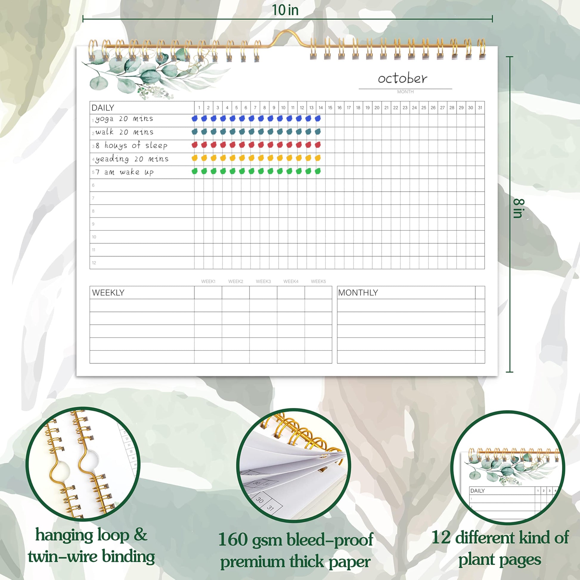 Habit Tracker Calendar- 12 Months Undated Daily Weekly & Monthly Period Habit Tracker Journal, Greenery Floral, Spiral Binding with Writable Goals Habits Track and Self Care Office Supplies. 8"x10" - My Store