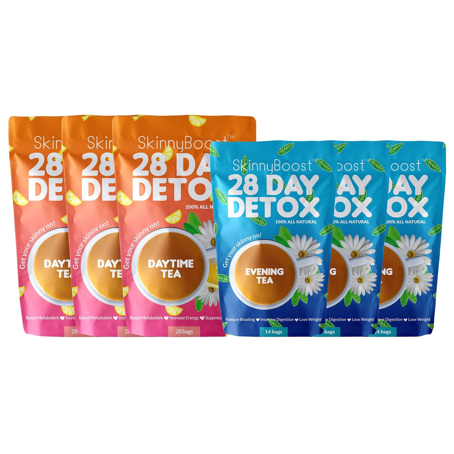 Skinny Boost Detox Tea Kit- 2 PACK –1 Daytime (28 Bags) + 1 Evening -(14 Bags) – Herbal Detox for Weight, Metabolism, Energy, Bloating & Colon Cleanse – Green Tea, Vegan, Keto, Non-GMO, Sugar-Free - My Store