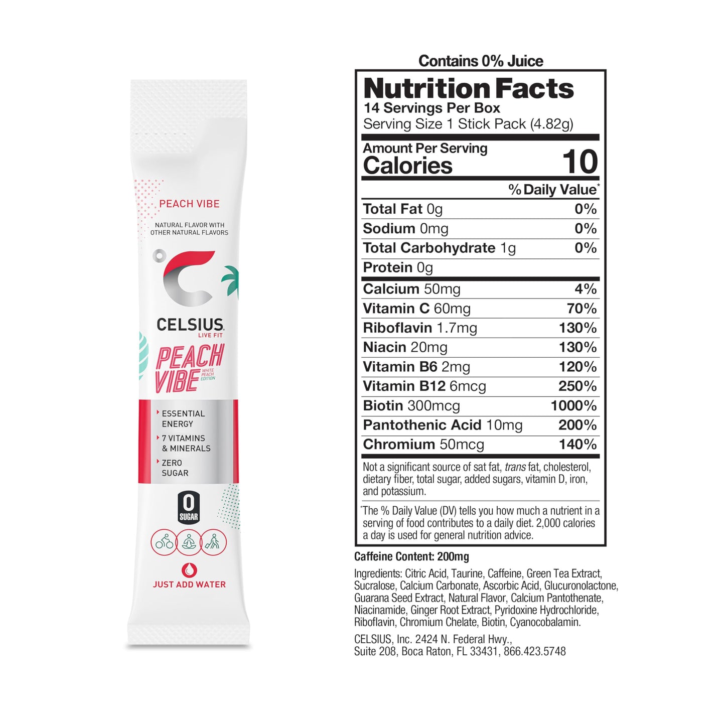 CELSIUS On-the-Go Powder Stick Zero Sugar (14 Sticks per Pack), Orange, 2.60 Oz