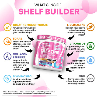 Creatine for Women | Creatine Monohydrate + BCAA Powder Myo-Inositol Collagen Biotin Hyaluronic Acid Folate L Glutamine Vitamin D3 Iron Zinc D-Chiro-Maca Digestion Shelf Builder by Clean Nutra - My Store