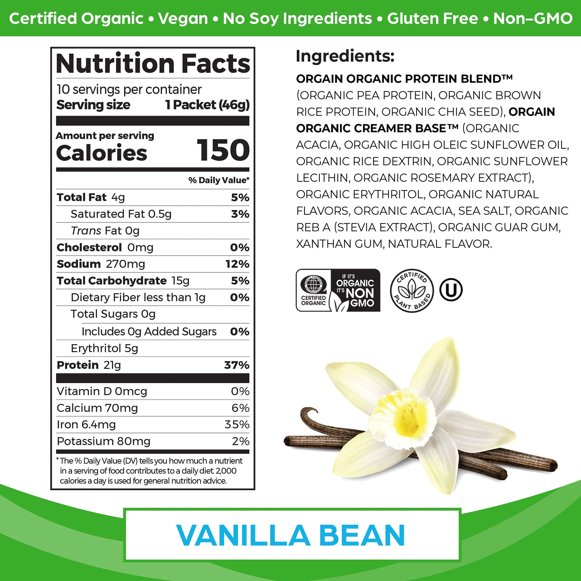 Orgain Organic Vegan Protein Powder, Vanilla Bean - 21g Plant Protein, 4g Prebiotic Fiber, No Lactose Ingredients, No Added Sugar, Non-GMO, For Shakes & Smoothies, 2.03 lb (Packaging May Vary) - My Store