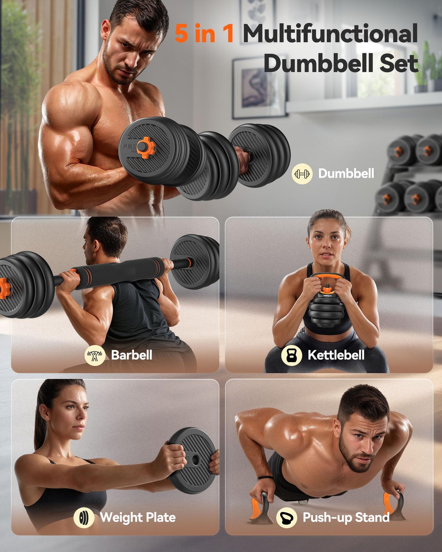 FEIERDUN Adjustable Dumbbells, 20/30/40/45/70/90lbs Free Weight Set with Connector, 5 in1 Dumbbells Set Used as Barbell, Kettlebells, Push up Stand, Weight Plate, Fitness Exercises for Home Gym Suitable Men/Women - My Store