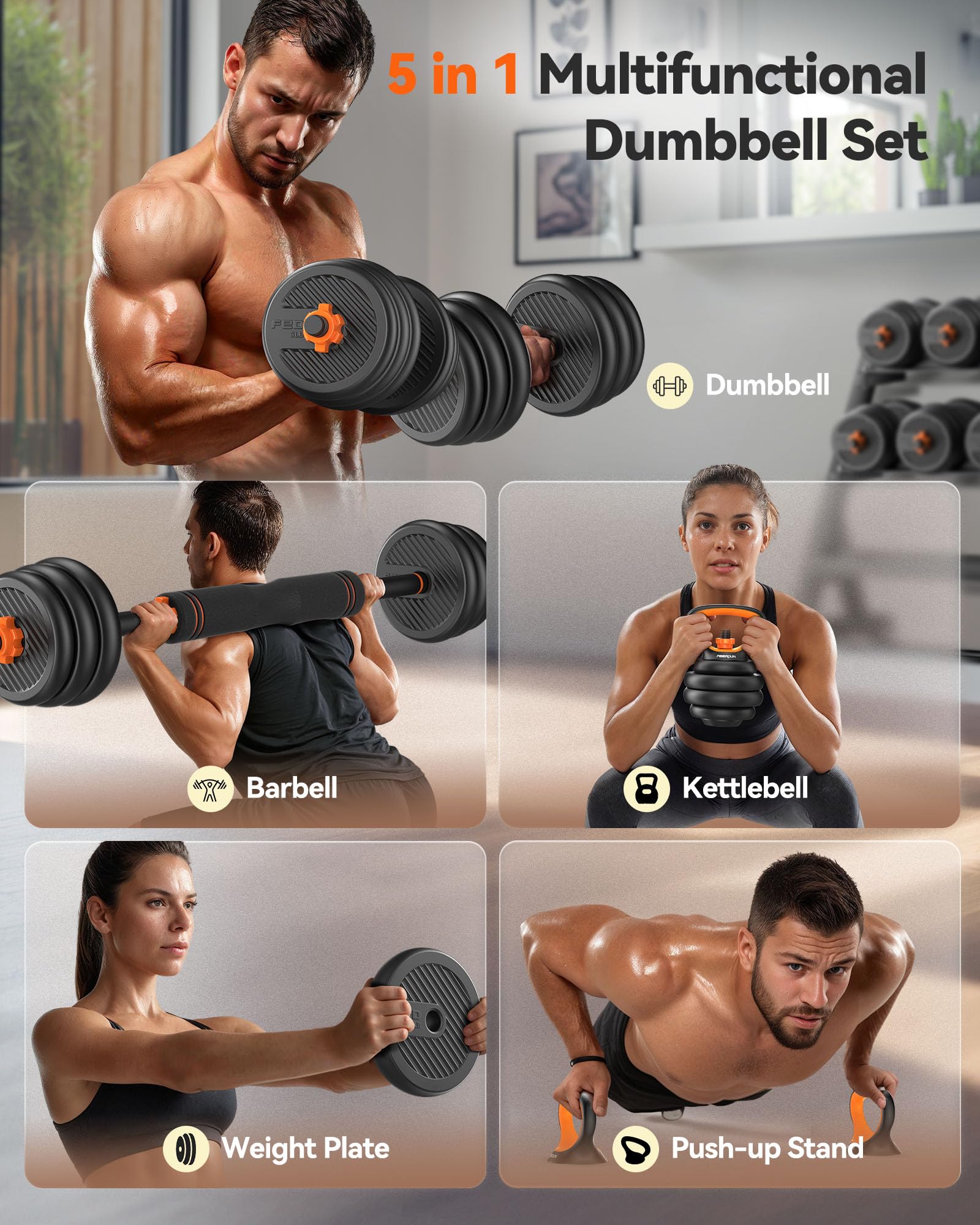 FEIERDUN Adjustable Dumbbells, 20/30/40/45/70/90lbs Free Weight Set with Connector, 5 in1 Dumbbells Set Used as Barbell, Kettlebells, Push up Stand, Weight Plate, Fitness Exercises for Home Gym Suitable Men/Women - My Store