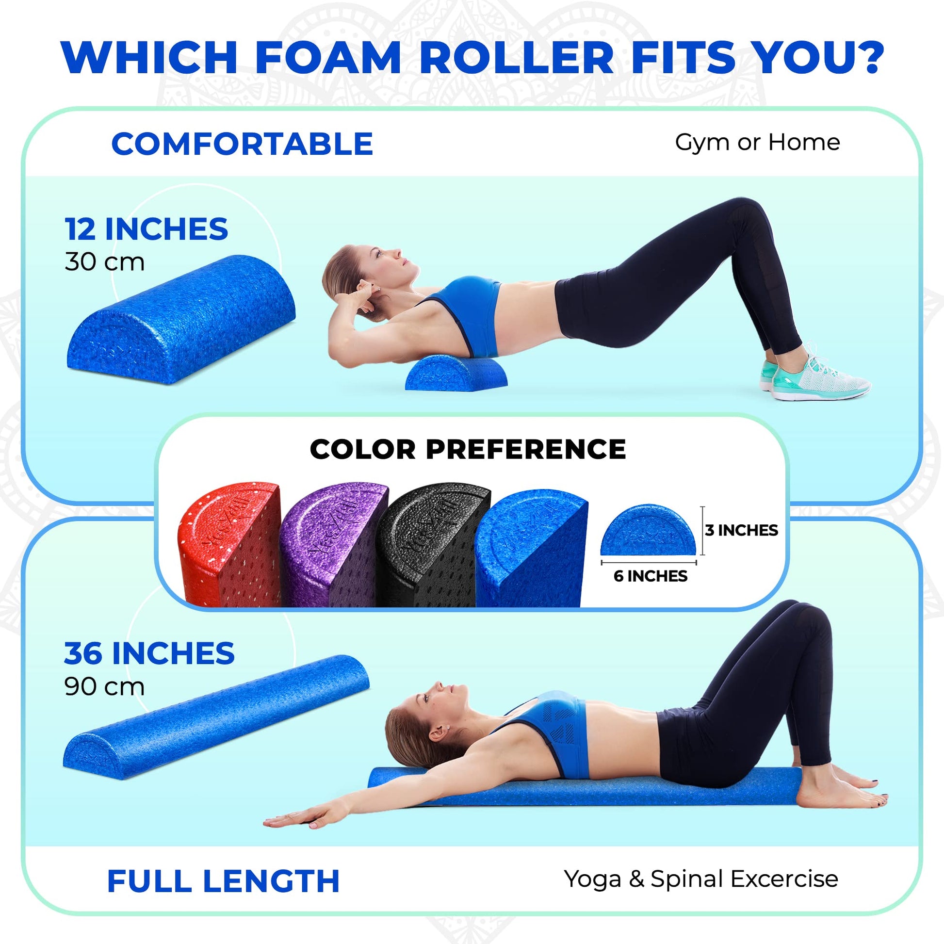 Yes4All High-Density EPP Half Round Back Roller Foam, Exercise Foam Roller for Yoga, Pilates & Stretching - 12, 18, 24, 36 inch - My Store