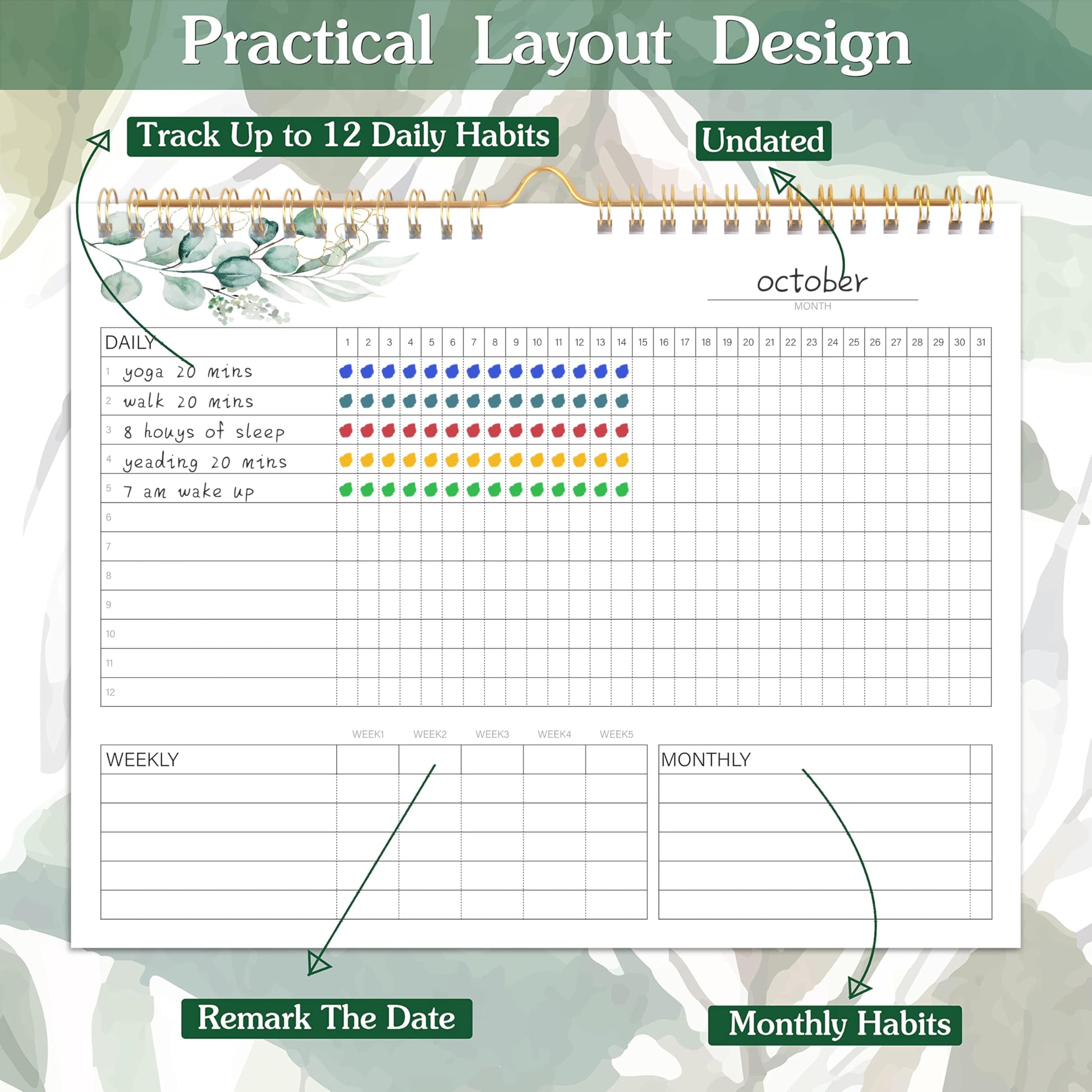 Habit Tracker Calendar- 12 Months Undated Daily Weekly & Monthly Period Habit Tracker Journal, Greenery Floral, Spiral Binding with Writable Goals Habits Track and Self Care Office Supplies. 8"x10" - My Store
