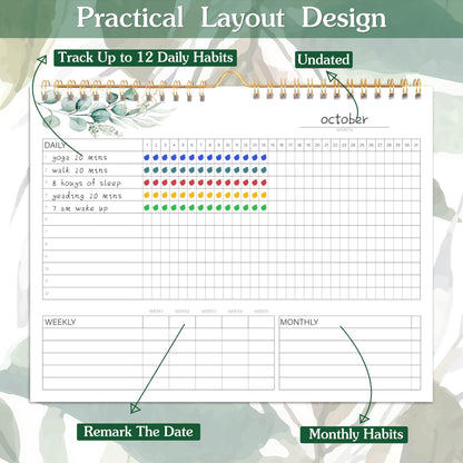 Habit Tracker Calendar- 12 Months Undated Daily Weekly & Monthly Period Habit Tracker Journal, Greenery Floral, Spiral Binding with Writable Goals Habits Track and Self Care Office Supplies. 8"x10" - My Store