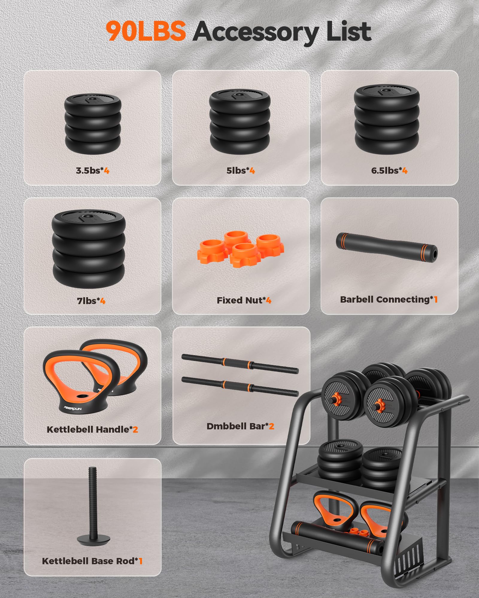 FEIERDUN Adjustable Dumbbells, 20/30/40/45/70/90lbs Free Weight Set with Connector, 5 in1 Dumbbells Set Used as Barbell, Kettlebells, Push up Stand, Weight Plate, Fitness Exercises for Home Gym Suitable Men/Women - My Store