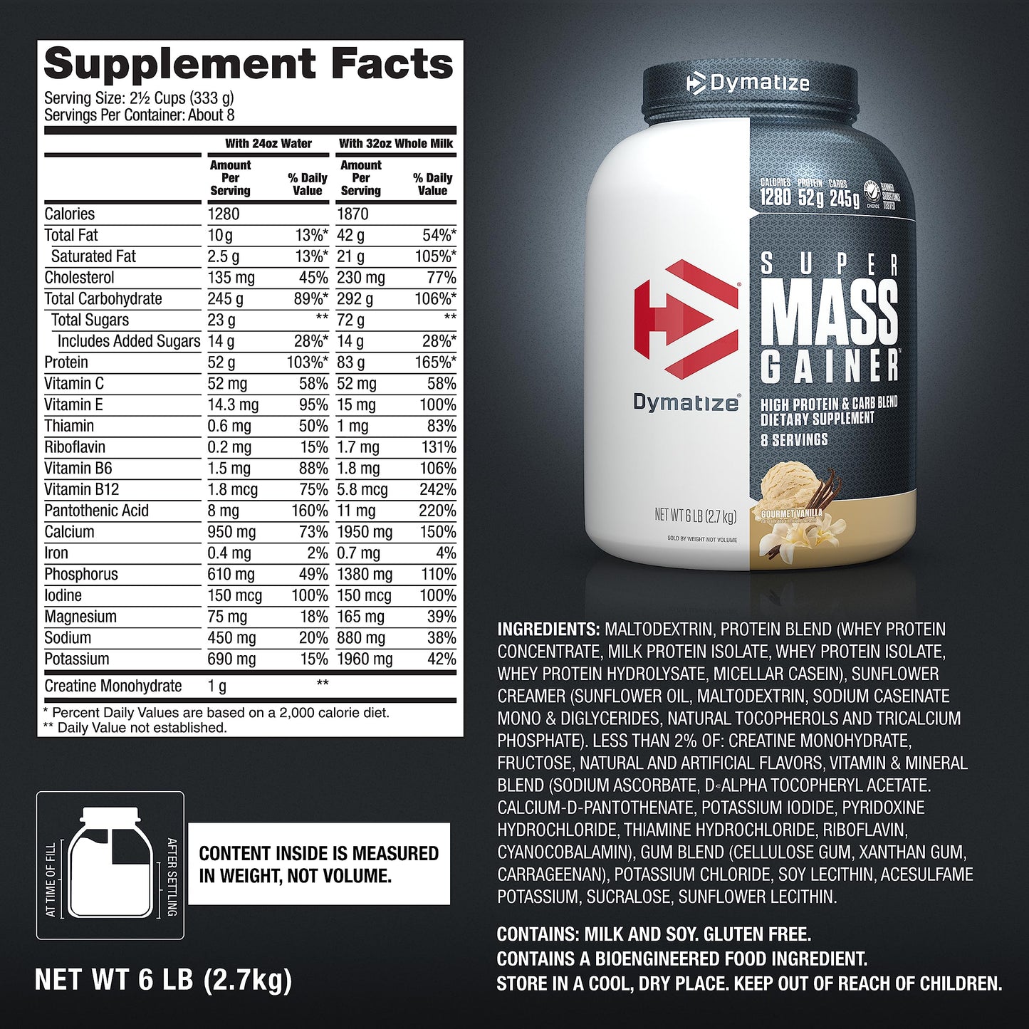 Dymatize Super Mass Gainer Protein Powder, Gourmet Vanilla, 52g Protein, 1g Creatine, 1280 Calories, 10.7g BCAAs, 245g Carbs, Contains Whey Protein Powder, Isolate, and Casein (8 Servings)