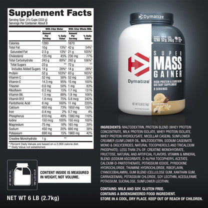 Dymatize Super Mass Gainer Protein Powder, Gourmet Vanilla, 52g Protein, 1g Creatine, 1280 Calories, 10.7g BCAAs, 245g Carbs, Contains Whey Protein Powder, Isolate, and Casein (8 Servings)