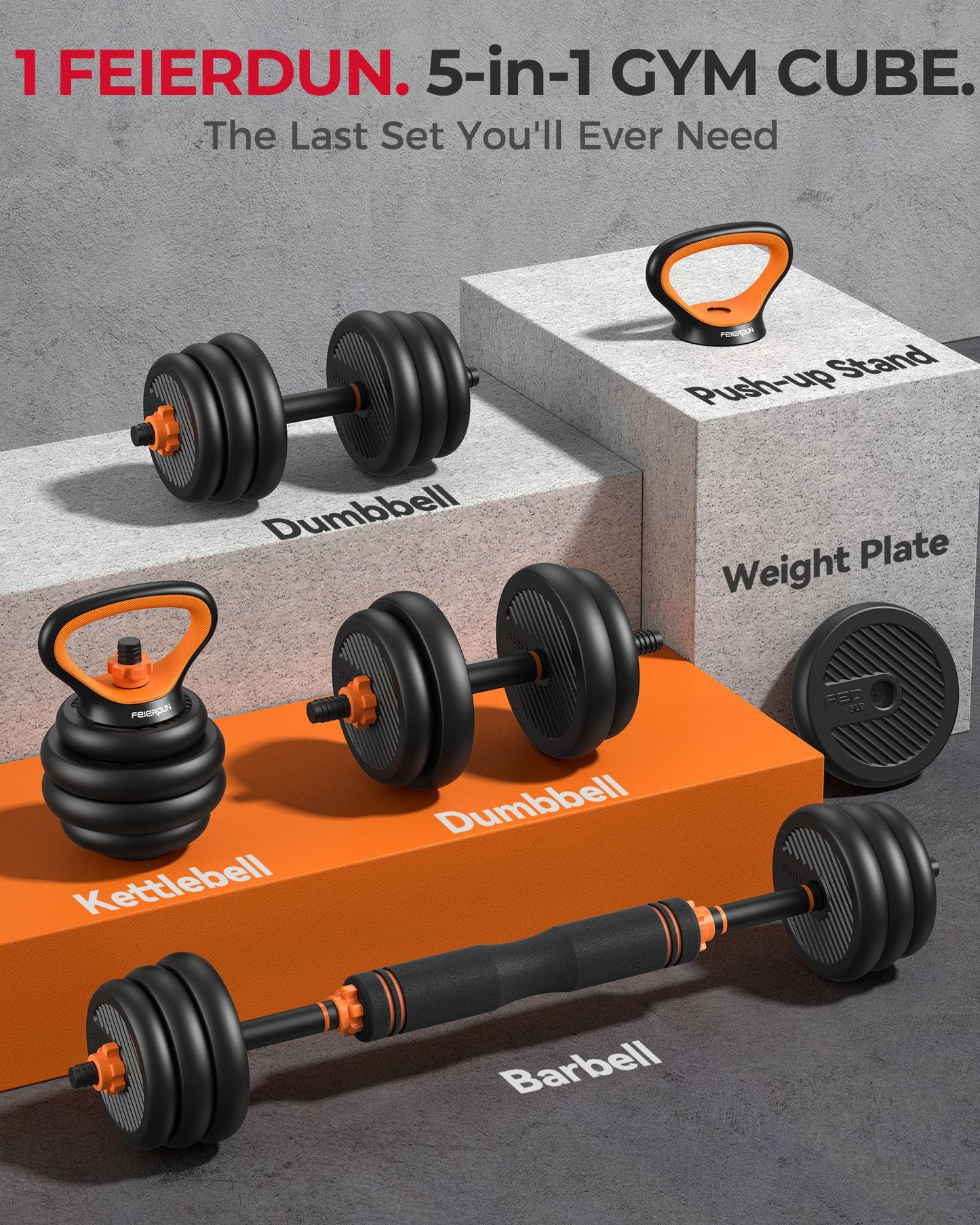 FEIERDUN Adjustable Dumbbells, 20/30/40/45/70/90lbs Free Weight Set with Connector, 5 in1 Dumbbells Set Used as Barbell, Kettlebells, Push up Stand, Weight Plate, Fitness Exercises for Home Gym Suitable Men/Women - My Store