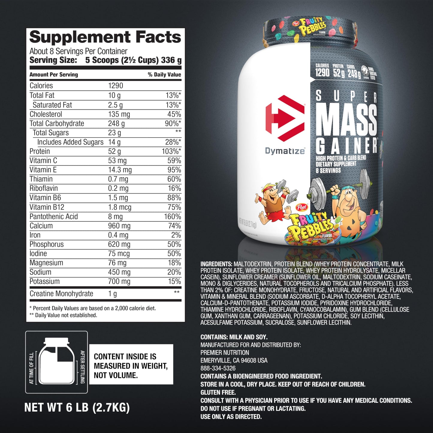 Dymatize Super Mass Gainer Protein Powder, Gourmet Vanilla, 52g Protein, 1g Creatine, 1280 Calories, 10.7g BCAAs, 245g Carbs, Contains Whey Protein Powder, Isolate, and Casein (8 Servings)