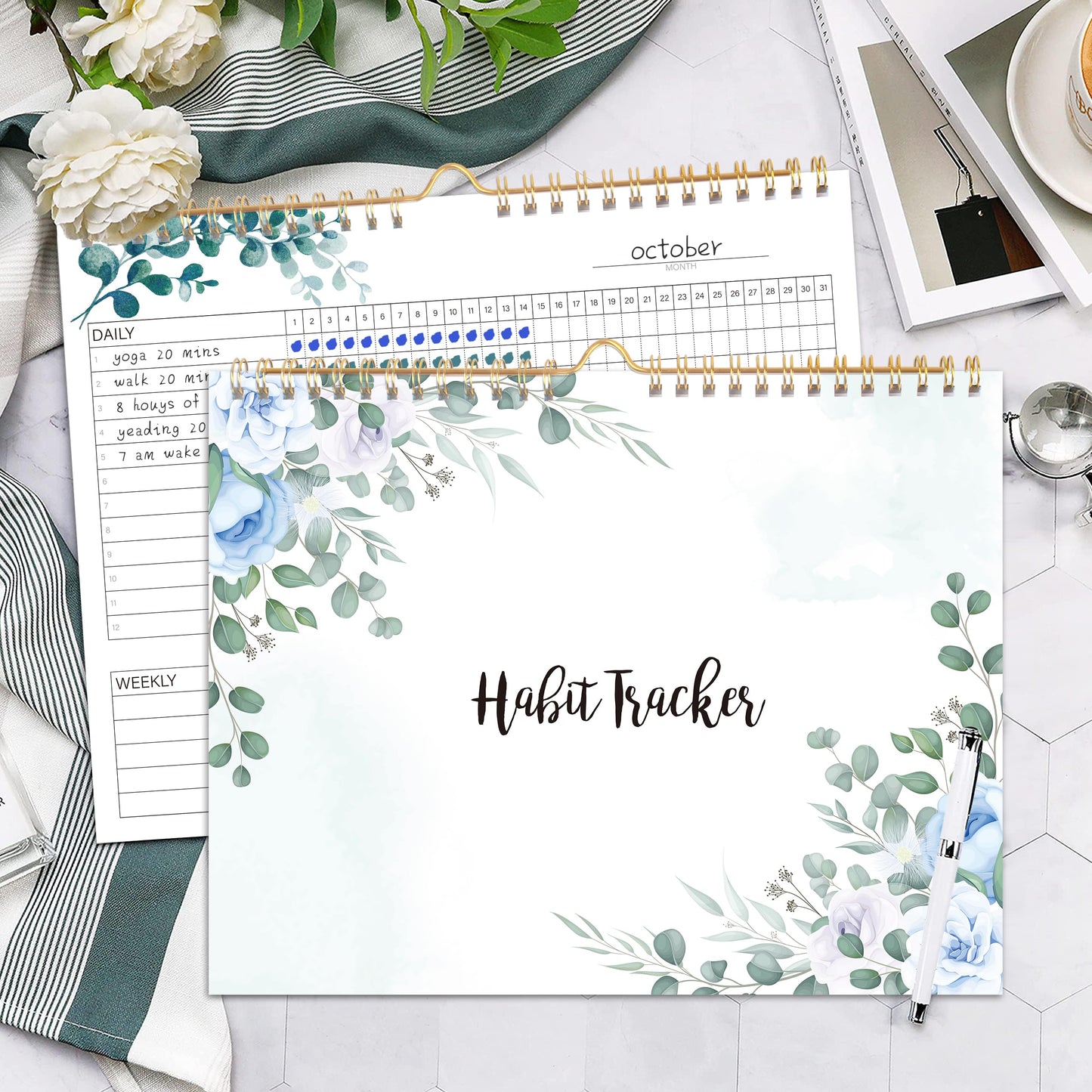 Habit Tracker Calendar- 12 Months Undated Daily Weekly & Monthly Period Habit Tracker Journal, Greenery Floral, Spiral Binding with Writable Goals Habits Track and Self Care Office Supplies. 8"x10" - My Store