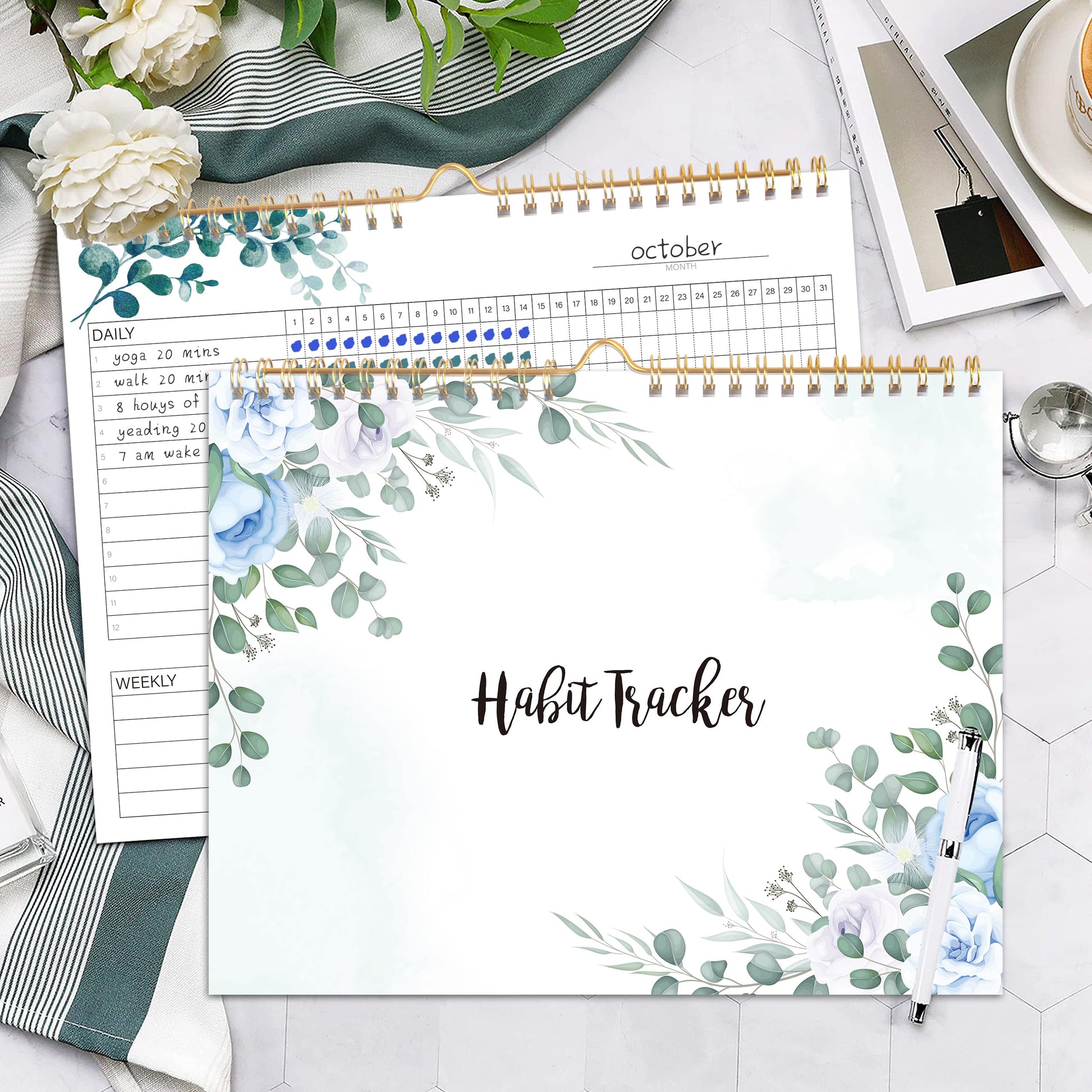 Habit Tracker Calendar- 12 Months Undated Daily Weekly & Monthly Period Habit Tracker Journal, Greenery Floral, Spiral Binding with Writable Goals Habits Track and Self Care Office Supplies. 8"x10" - My Store