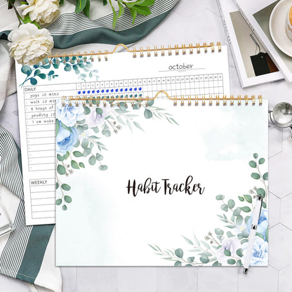 Habit Tracker Calendar- 12 Months Undated Daily Weekly & Monthly Period Habit Tracker Journal, Greenery Floral, Spiral Binding with Writable Goals Habits Track and Self Care Office Supplies. 8"x10" - My Store