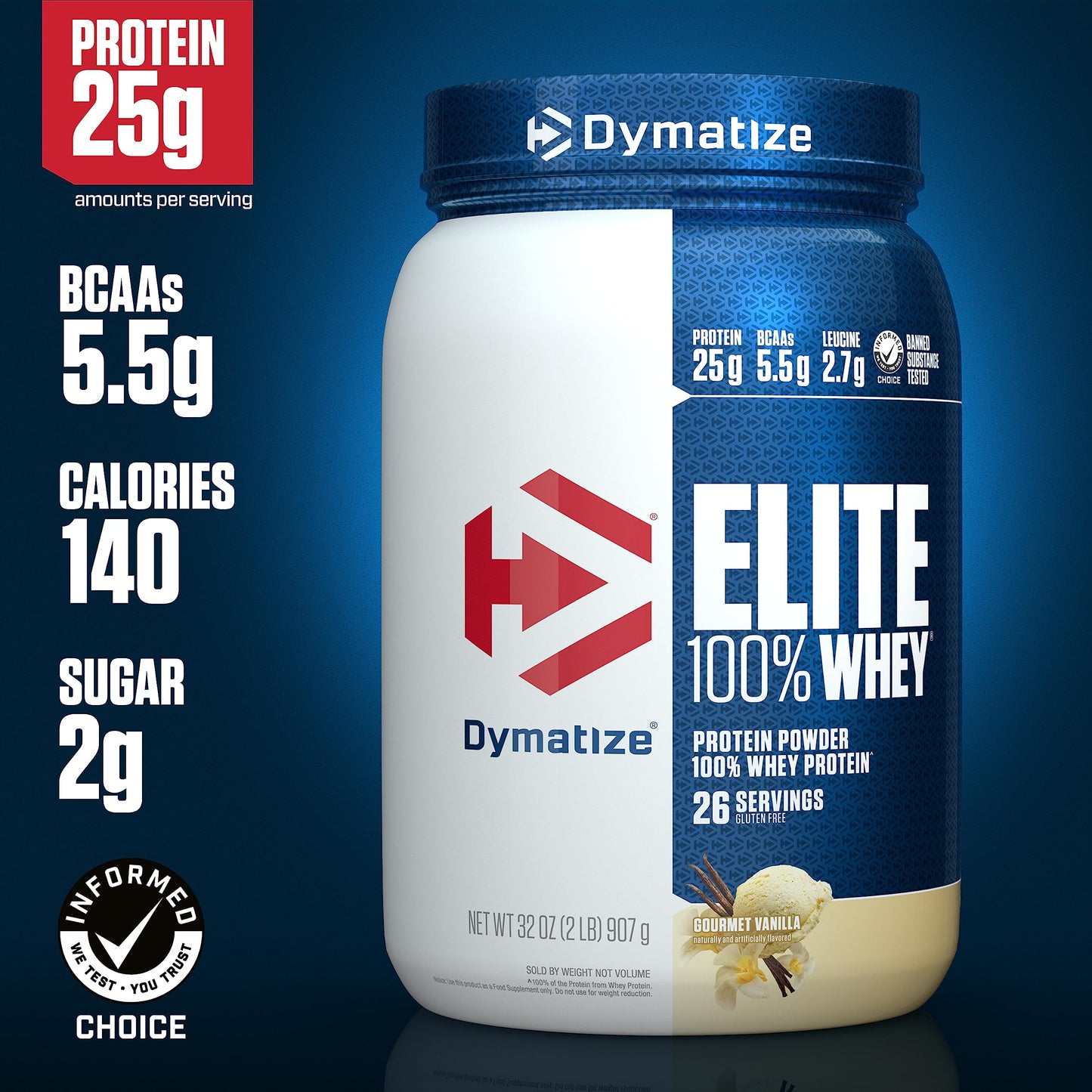 Dymatize Elite 100% Whey Protein Powder, Cookies & Cream, 25g of Protein, 5.5g BCAAs, Less Than 140 Cal., Gluten Free, 3g Carb, 2g Sugar, 3g Fat (25 Servings)