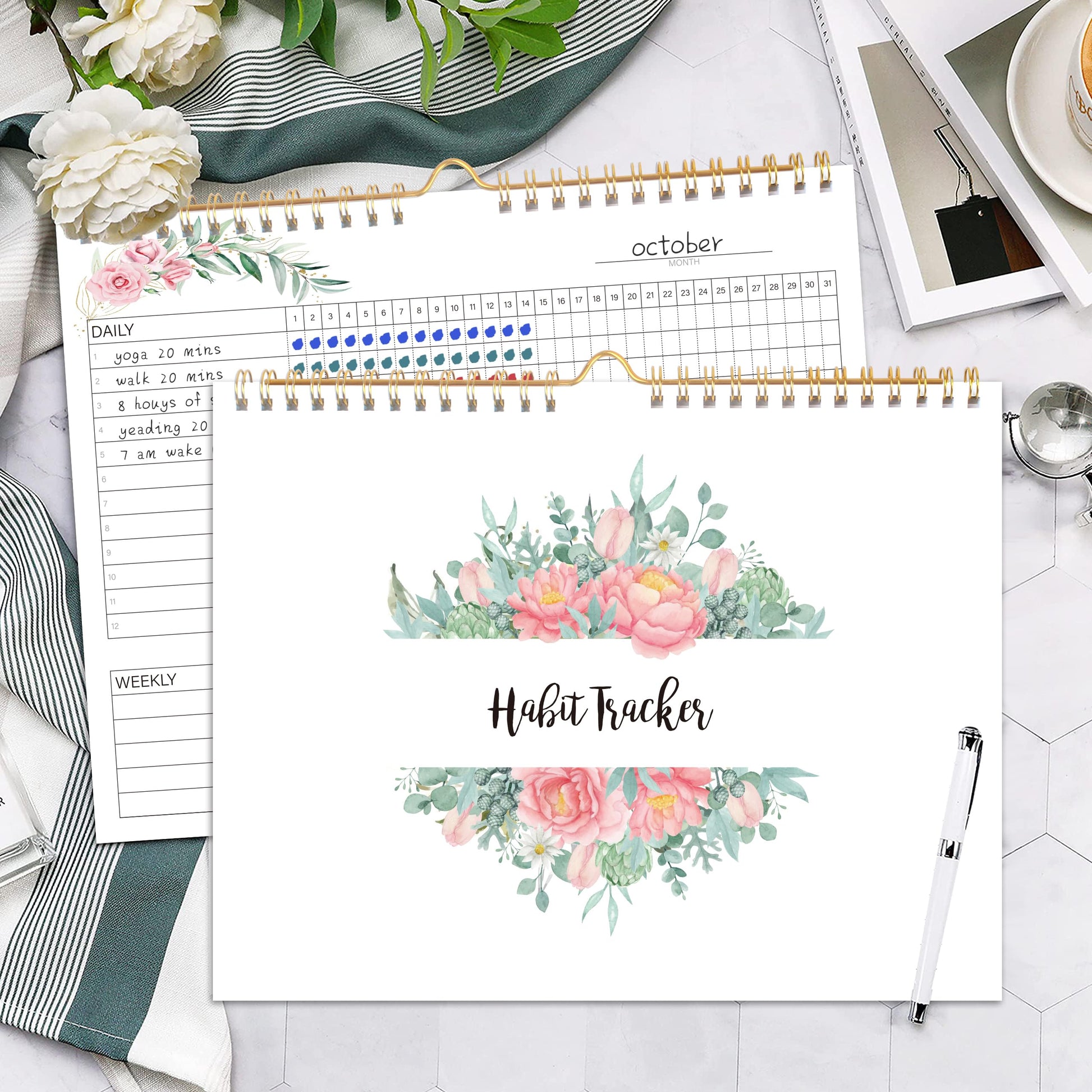 Habit Tracker Calendar- 12 Months Undated Daily Weekly & Monthly Period Habit Tracker Journal, Greenery Floral, Spiral Binding with Writable Goals Habits Track and Self Care Office Supplies. 8"x10" - My Store
