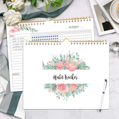 Habit Tracker Calendar- 12 Months Undated Daily Weekly & Monthly Period Habit Tracker Journal, Greenery Floral, Spiral Binding with Writable Goals Habits Track and Self Care Office Supplies. 8"x10" - My Store