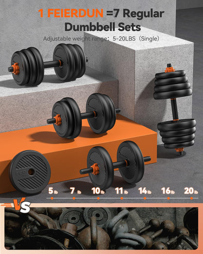 FEIERDUN Adjustable Dumbbells, 20/30/40/45/70/90lbs Free Weight Set with Connector, 5 in1 Dumbbells Set Used as Barbell, Kettlebells, Push up Stand, Weight Plate, Fitness Exercises for Home Gym Suitable Men/Women - My Store