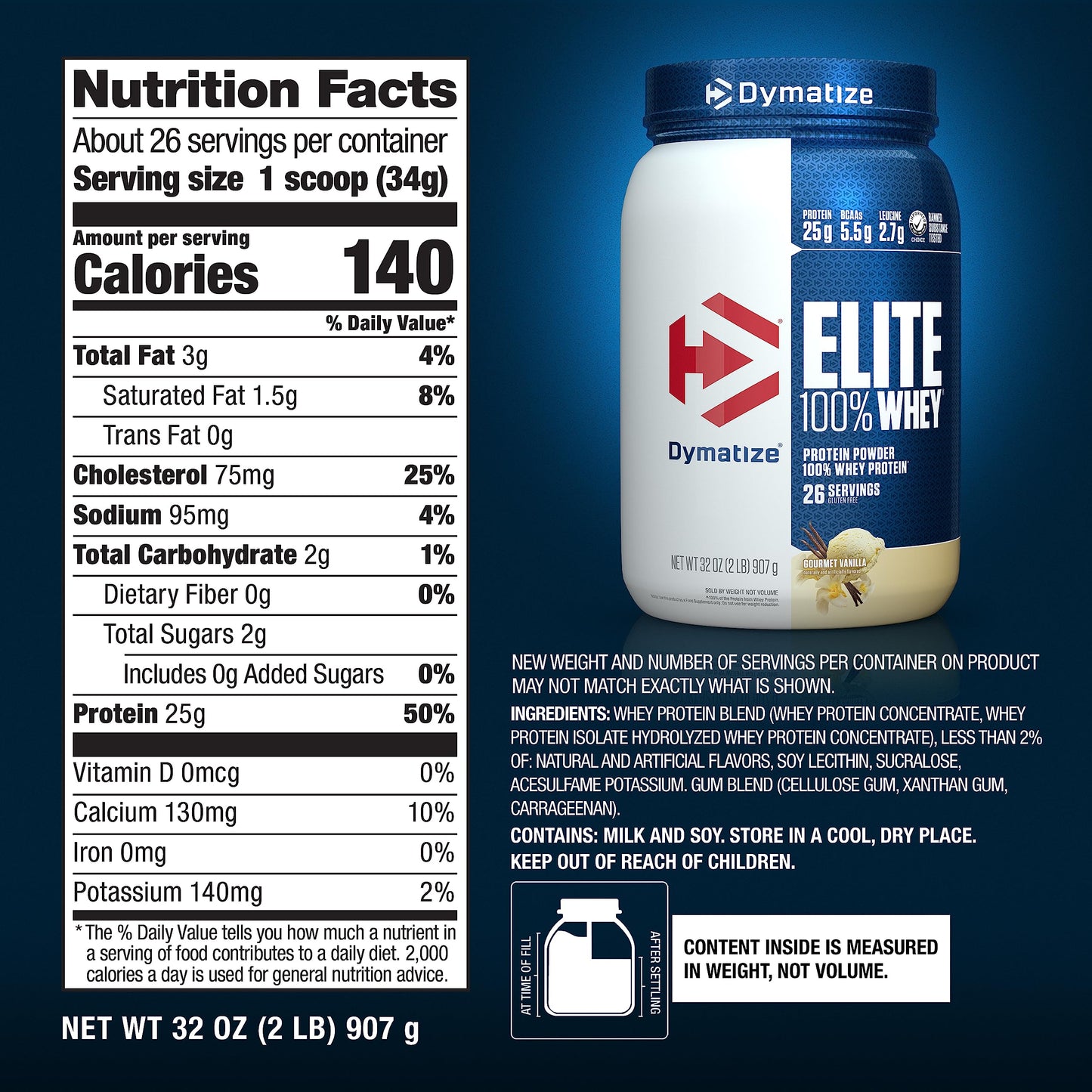 Dymatize Elite 100% Whey Protein Powder, Cookies & Cream, 25g of Protein, 5.5g BCAAs, Less Than 140 Cal., Gluten Free, 3g Carb, 2g Sugar, 3g Fat (25 Servings)