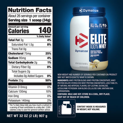 Dymatize Elite 100% Whey Protein Powder, Cookies & Cream, 25g of Protein, 5.5g BCAAs, Less Than 140 Cal., Gluten Free, 3g Carb, 2g Sugar, 3g Fat (25 Servings)