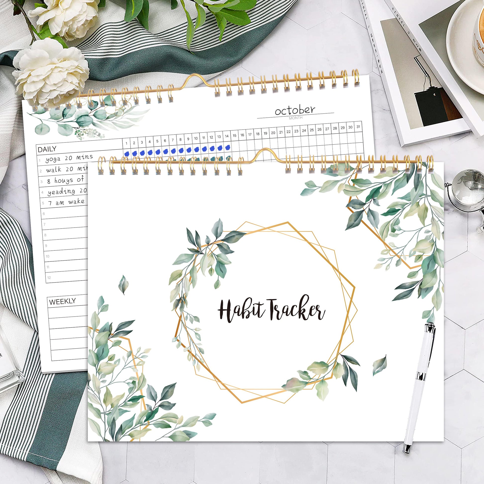 Habit Tracker Calendar- 12 Months Undated Daily Weekly & Monthly Period Habit Tracker Journal, Greenery Floral, Spiral Binding with Writable Goals Habits Track and Self Care Office Supplies. 8"x10" - My Store