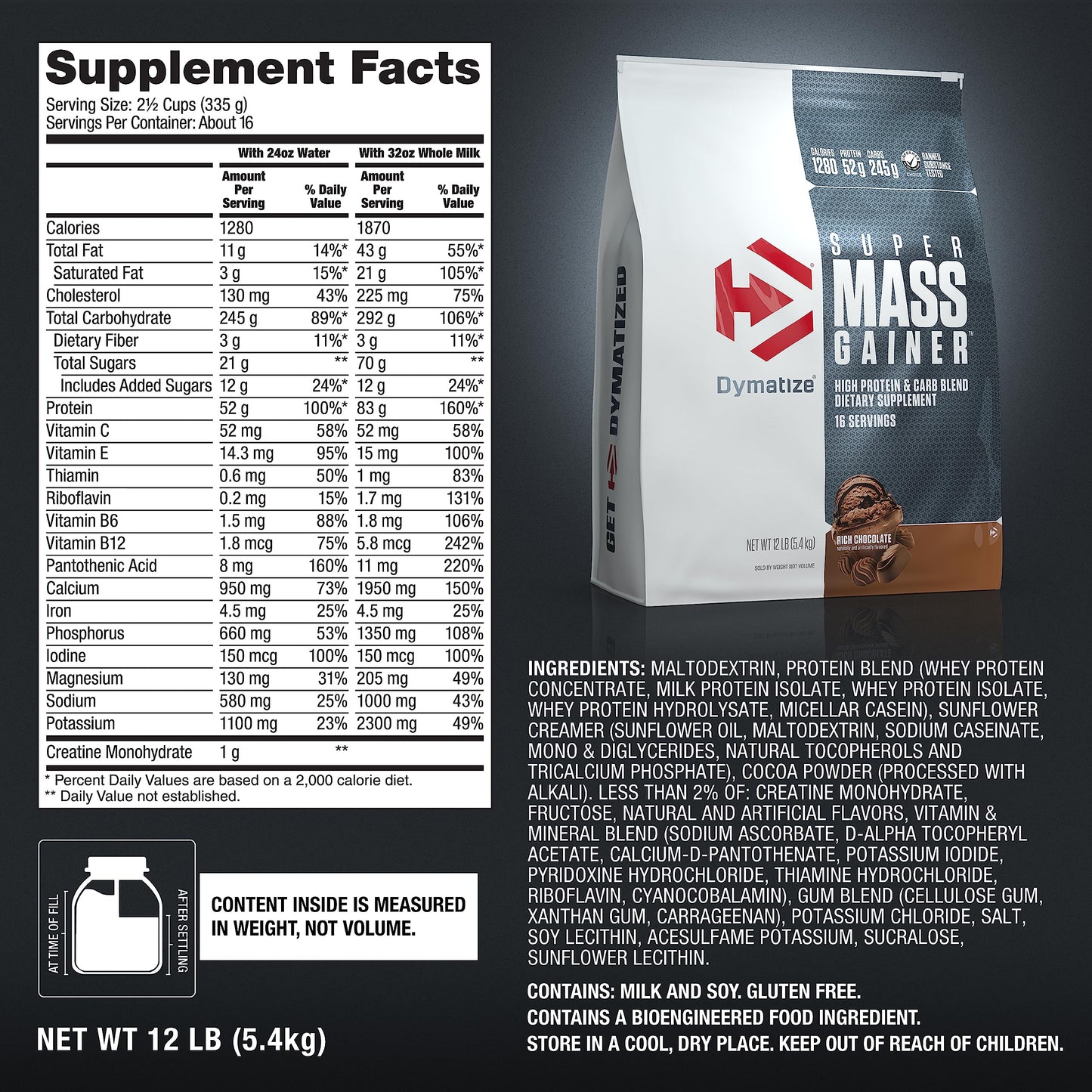 Dymatize Super Mass Gainer Protein Powder, Gourmet Vanilla, 52g Protein, 1g Creatine, 1280 Calories, 10.7g BCAAs, 245g Carbs, Contains Whey Protein Powder, Isolate, and Casein (8 Servings)