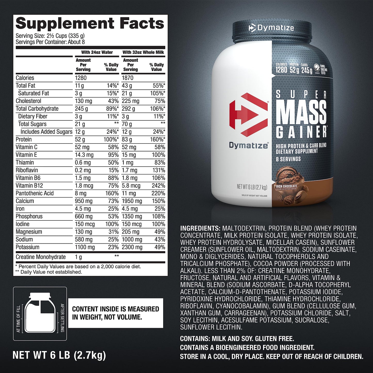 Dymatize Super Mass Gainer Protein Powder, Gourmet Vanilla, 52g Protein, 1g Creatine, 1280 Calories, 10.7g BCAAs, 245g Carbs, Contains Whey Protein Powder, Isolate, and Casein (8 Servings)