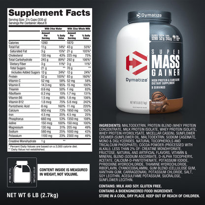 Dymatize Super Mass Gainer Protein Powder, Gourmet Vanilla, 52g Protein, 1g Creatine, 1280 Calories, 10.7g BCAAs, 245g Carbs, Contains Whey Protein Powder, Isolate, and Casein (8 Servings)