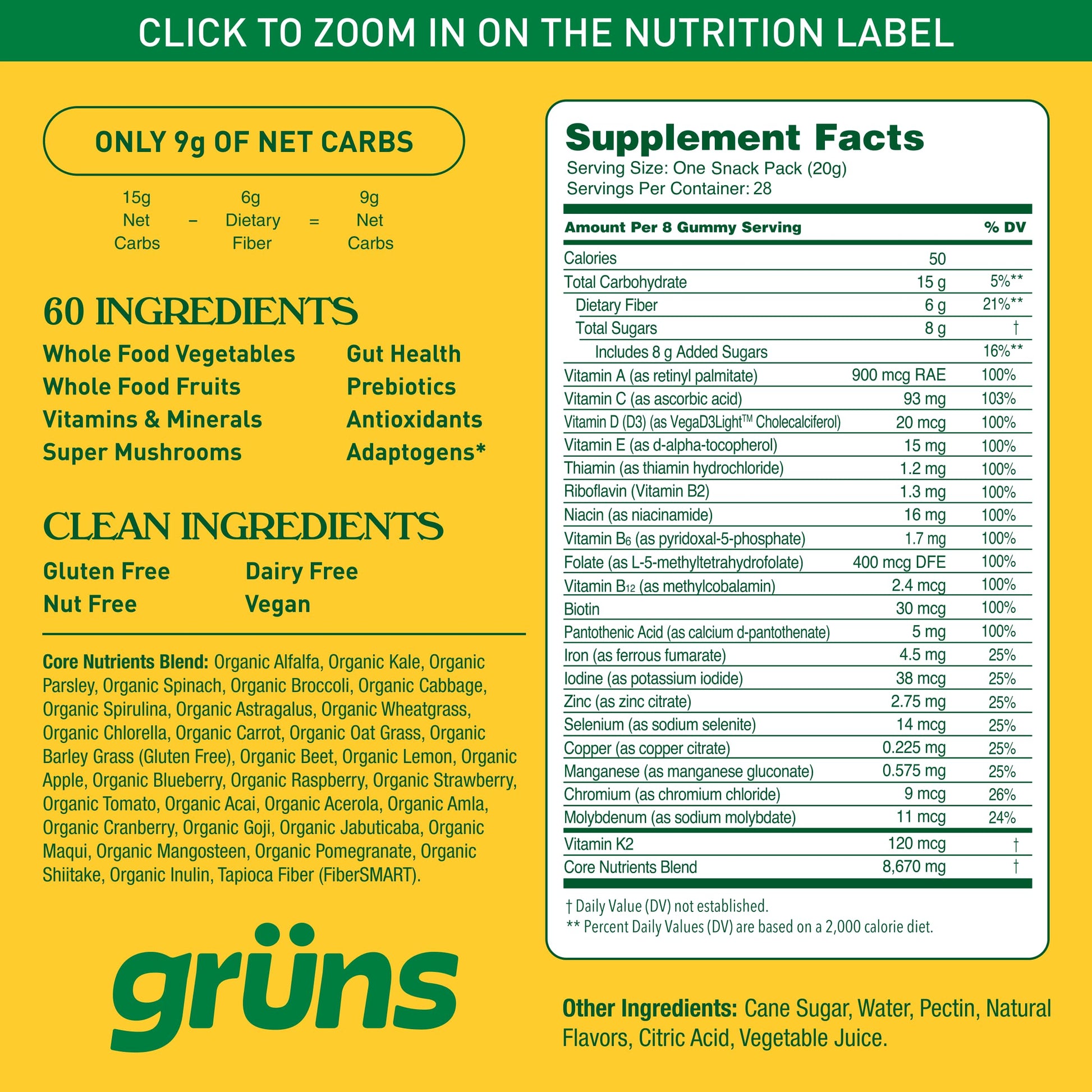 Gruns Adults Super Greens Gummies, Multivitamin Superfood Gummy Bears with Spirulina, Chlorella, Prebiotics & Fiber for Digestive Health, Adaptogens Supplement with 20 Vitamins & Minerals, 28 Count - My Store