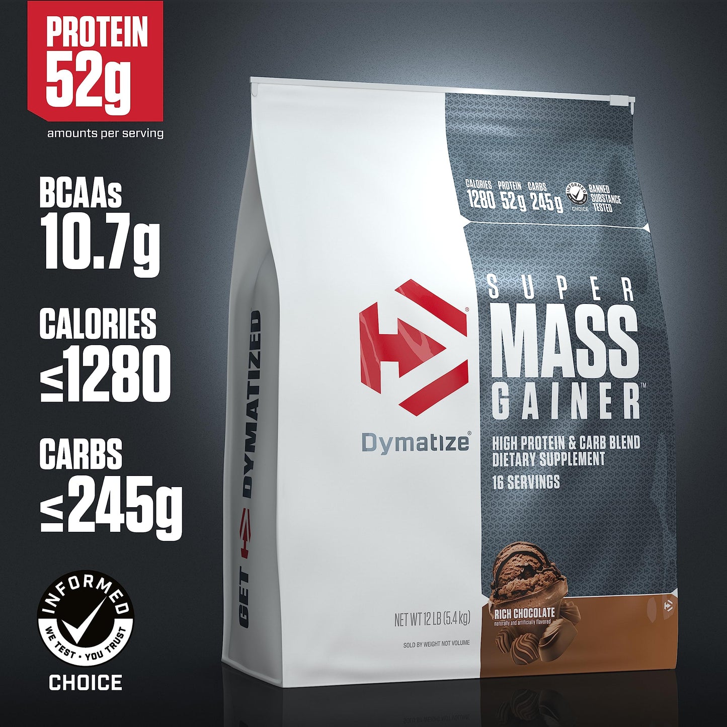 Dymatize Super Mass Gainer Protein Powder, Gourmet Vanilla, 52g Protein, 1g Creatine, 1280 Calories, 10.7g BCAAs, 245g Carbs, Contains Whey Protein Powder, Isolate, and Casein (8 Servings)